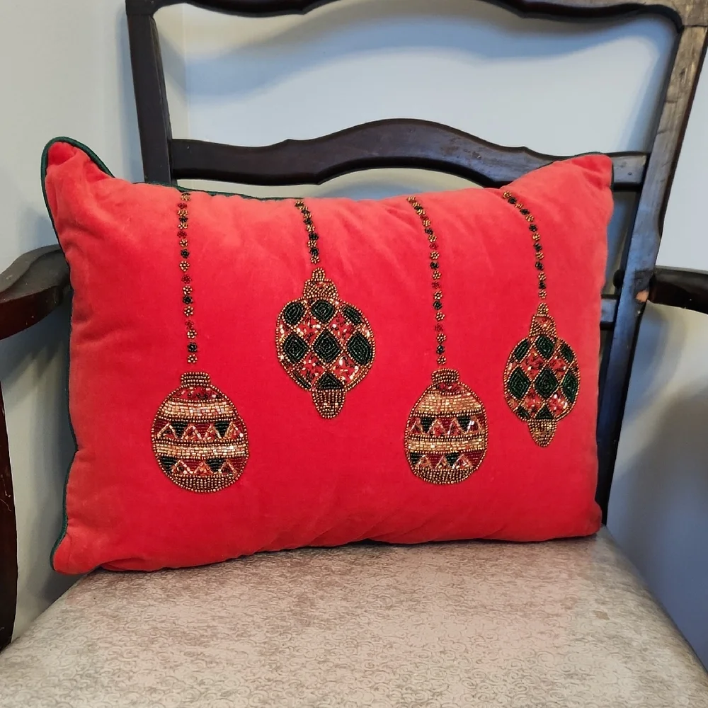 Festive Holiday Red Velvet Beaded Ornament Pillow